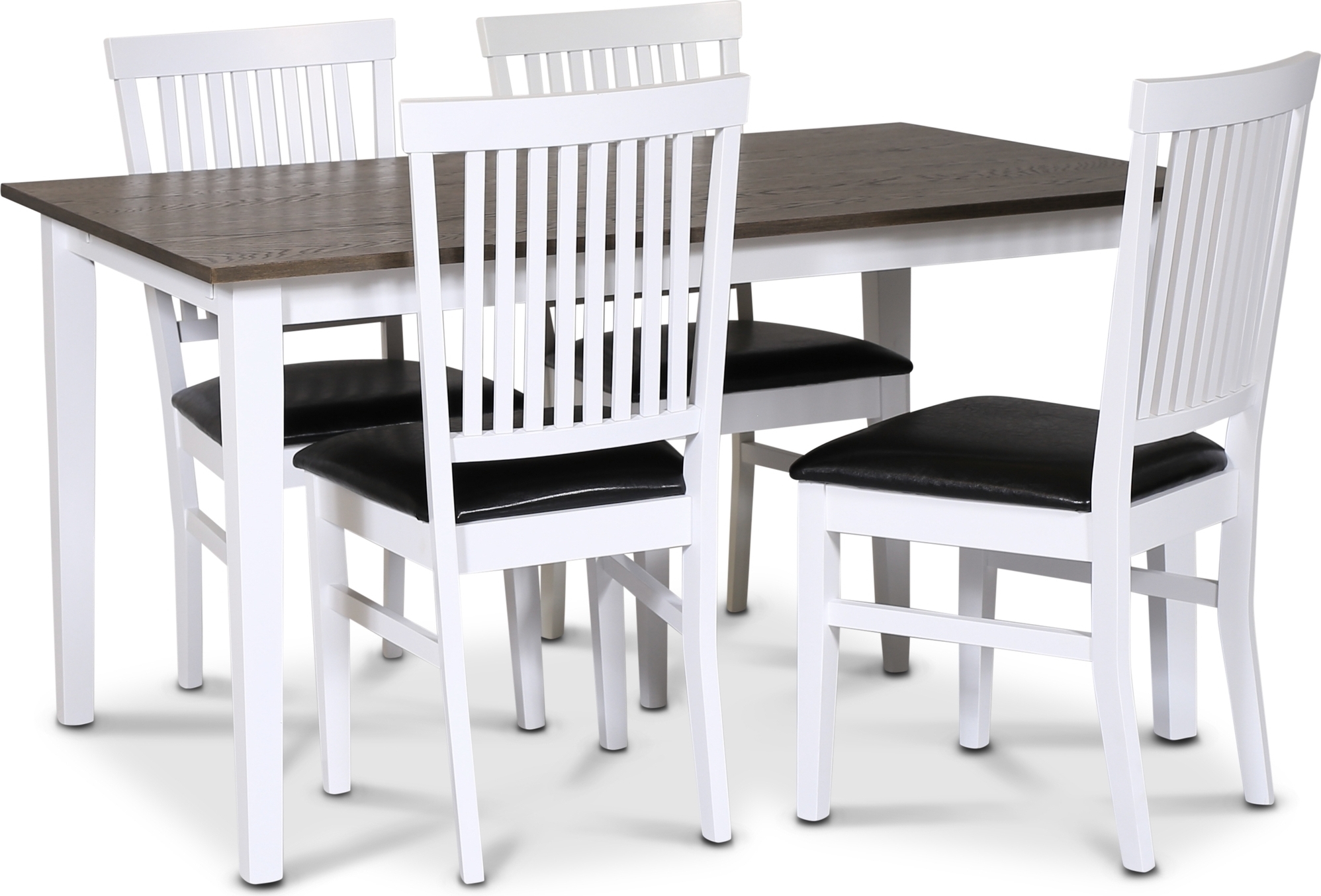 Skagen matgrupp; klassiskt matbord 140x90 cm - Vit / brunoljad ek med 4 st F�r� stolar (Ribbor i ryggen) med svart PU-sits