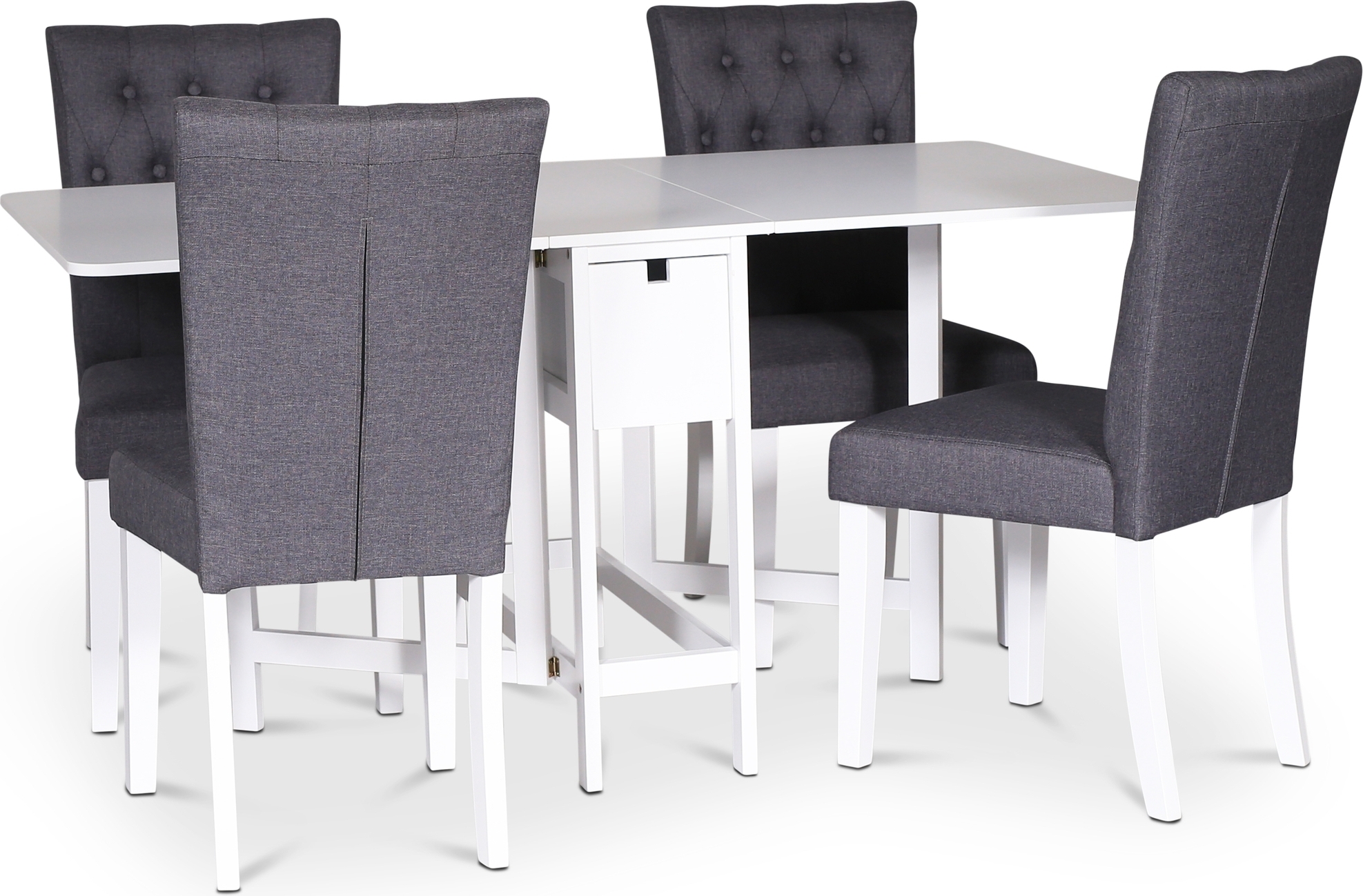 Sandhamn matgrupp; Klaffbord med 4 st Crocket stolar i grått tyg Sandhamn matgrupp; Klaffbord med 4 st Crocket stolar i grått tyg