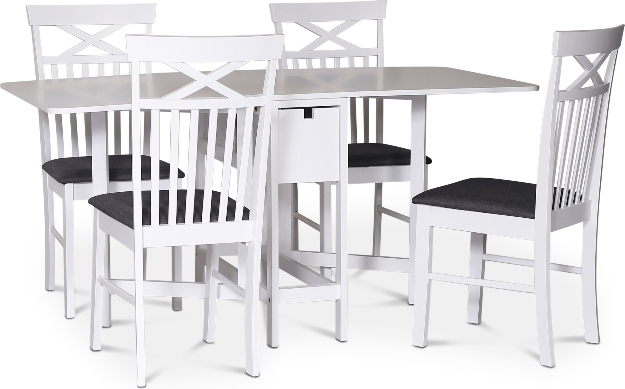 Sandhamn matgrupp; Klaffbord med 4 st Sofiero stolar med kryss i ryggen