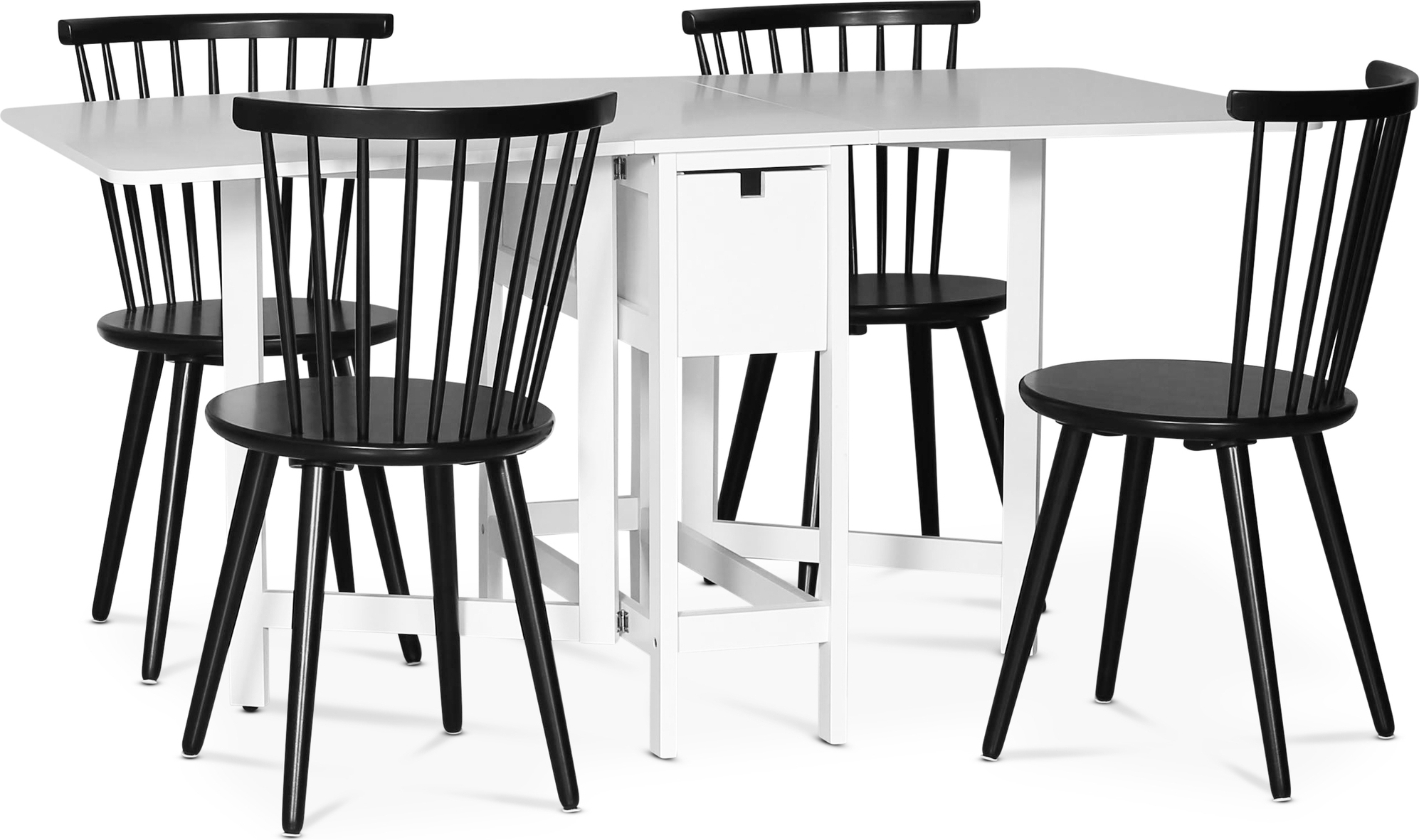 Matgrupp; Klaffbord med 4 st svarta pinnstolar Matgrupp; Klaffbord med 4 st svarta pinnstolar