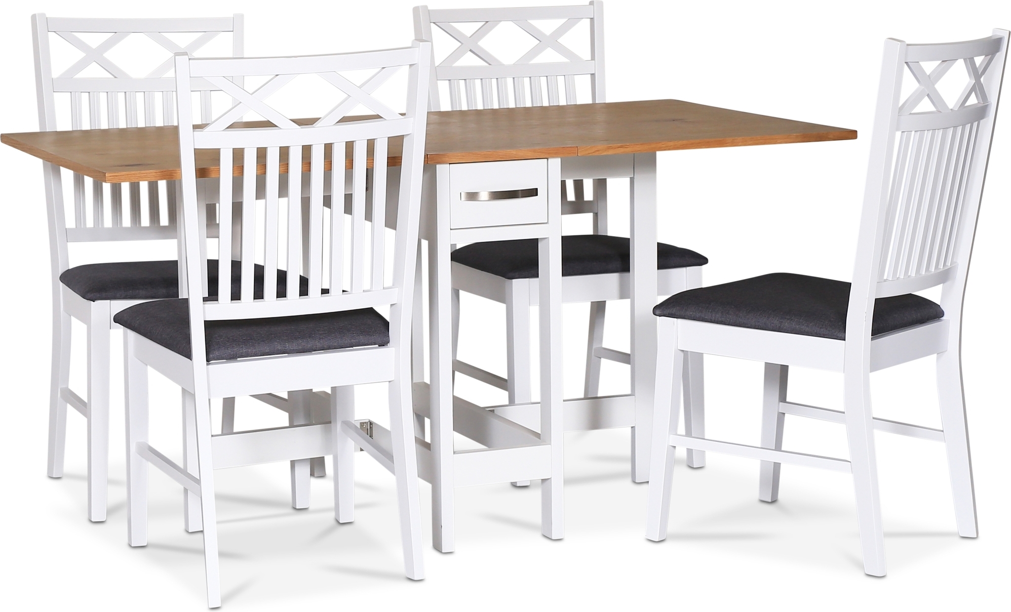 Fårö matgrupp; Fårö klaffbord Vit / Ek med 4 st Sandhamn Gripsholm stolar + 4.00 x Stolsdyna Fårö matgrupp; Fårö klaffbord Vit / Ek med 4 st Sandhamn Gripsholm stolar + 4.00 x Stolsdyna