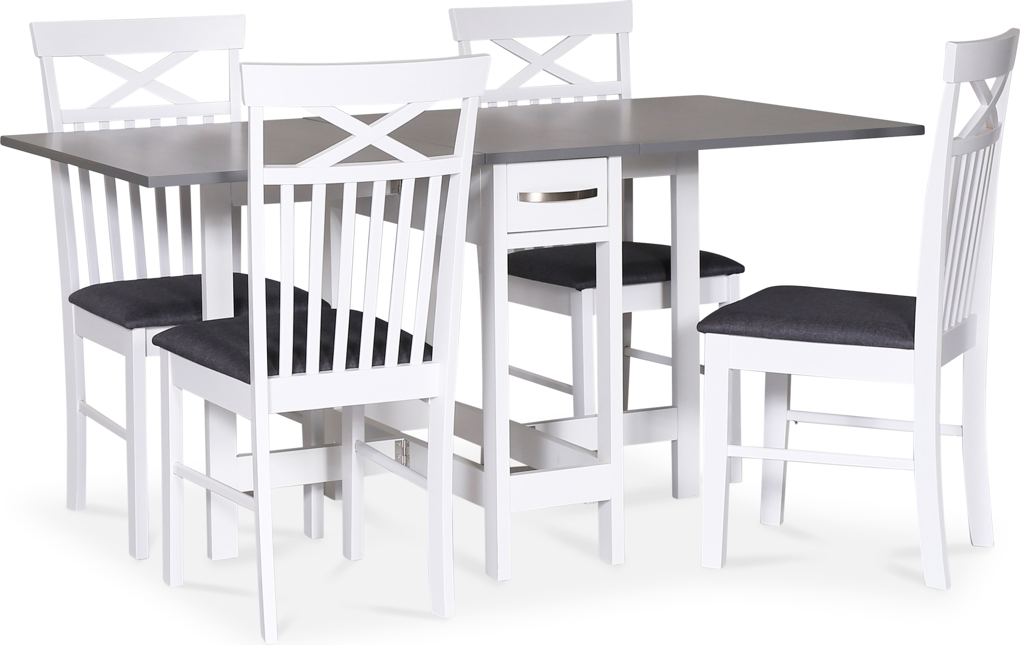 Matgrupp; Vitt / grått slagbord med 4 st stolar - Fårö + 4.00 x Stolsdyna Matgrupp; Vitt / grått slagbord med 4 st stolar - Fårö + 4.00 x Stolsdyna
