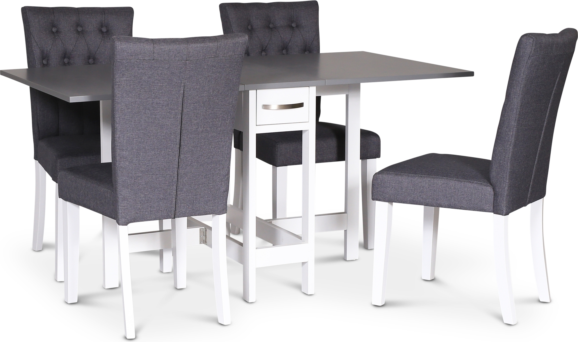 Matgrupp; klaffbord Vit / Gr� med 4 st kl�dda stolar - F�r�