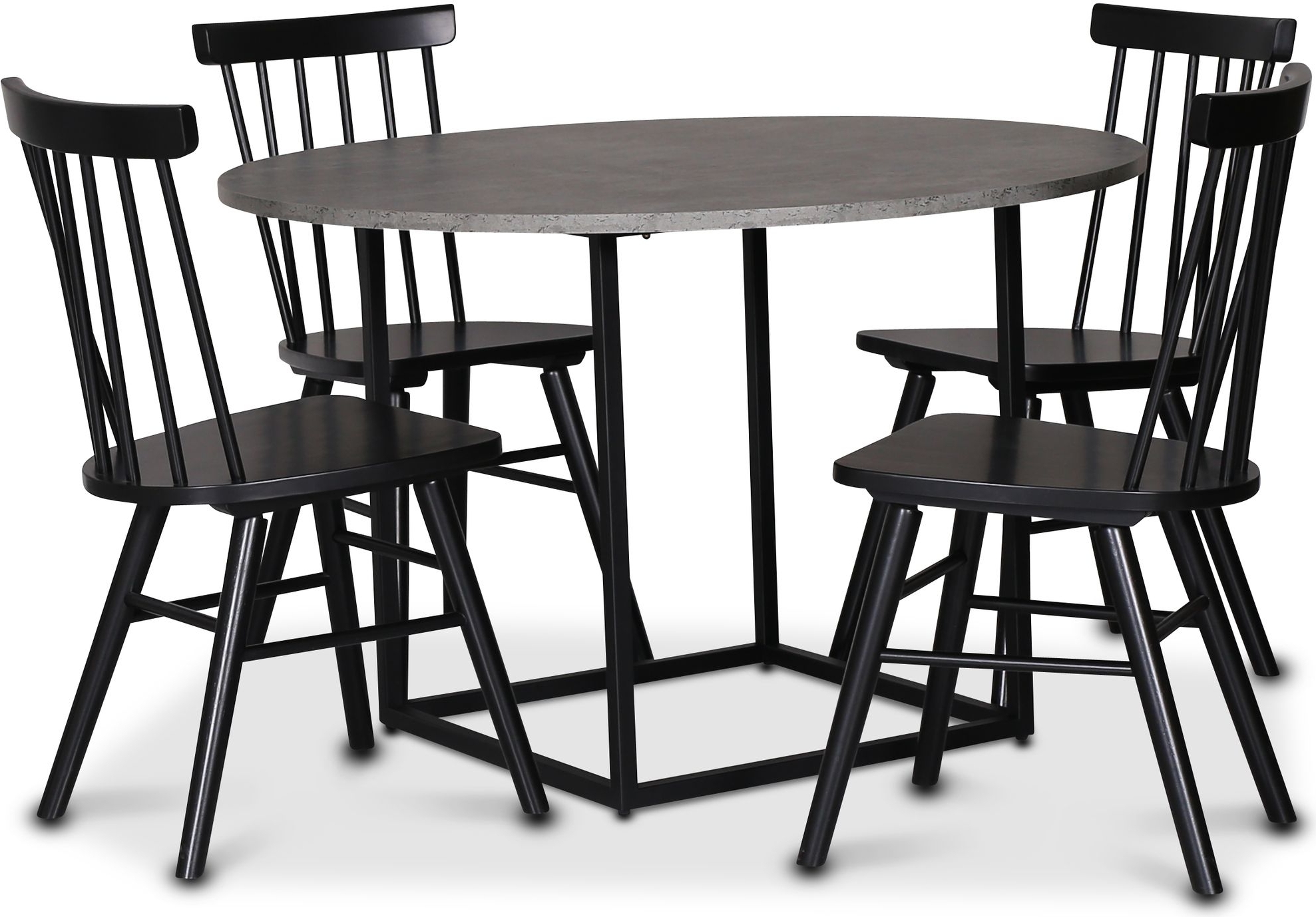 Sintorp matgrupp, runt matbord �115 cm inkl 4 st Orust svarta pinnstolar - Betong (Laminat) + 3.00 x M�beltassar