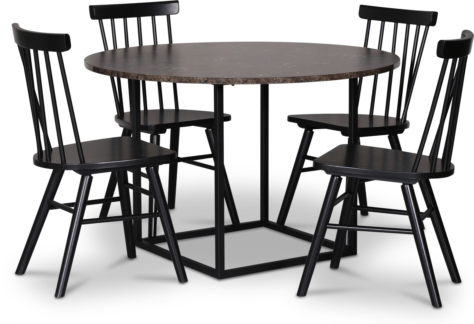 Sintorp matgrupp, runt matbord �115 cm inkl 4 st Orust svarta pinnstolar - Brun marmor (Laminat) + Reng�ring f�r m�bler