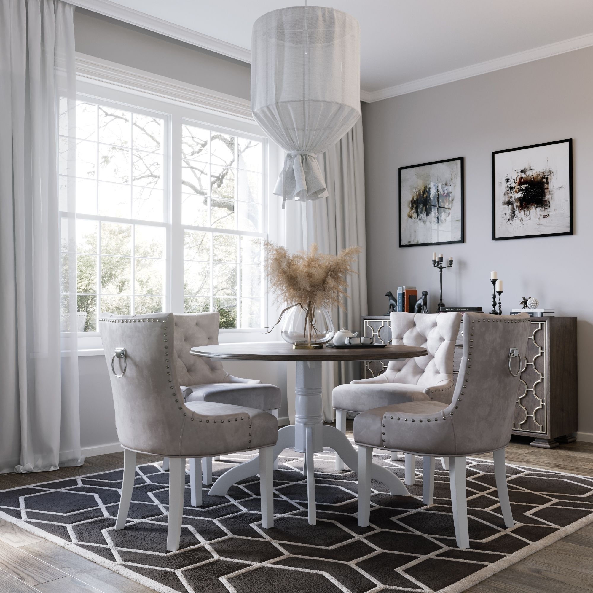 Victoria matgrupp, runt matbord �120 cm med 4 st Tuva stol Cleopatra - Vit/Brunbets + 3.00 x M�beltassar