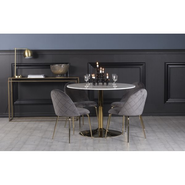 Plaza matgrupp, marmorbord med 4 st Plaza sammetsstolar - Gr/Vit/Mssing