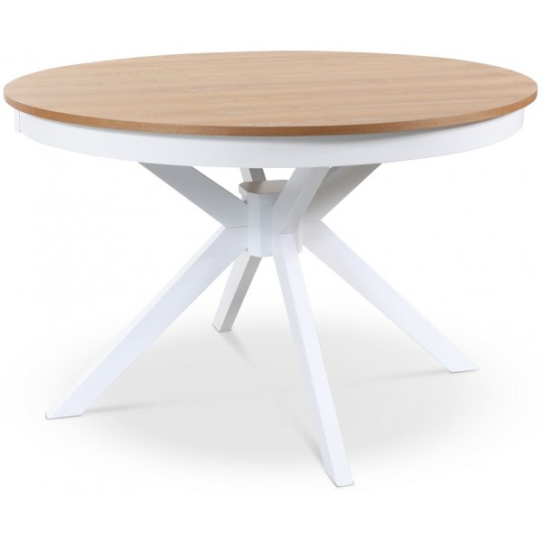 Tromsø voedselgroep; ronde eettafel 120 cm - Wit/geolied eiken met 4 Fårö stoelen met zitting in zwart PU Tromsø voedselgroep; ronde eettafel 120 cm - Wit/geolied eiken met 4 Fårö stoelen met zitting in zwart PU