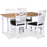 Fårö matgrupp; matbord 140x90 cm - Vit / oljad ek med 4 st Fårö matstolar med svart PU-sits Fårö matgrupp; matbord 140x90 cm - Vit / oljad ek med 4 st Fårö matstolar med svart PU-sits