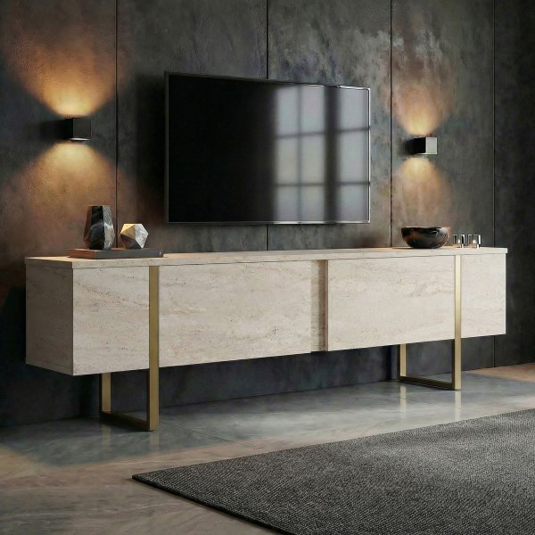 TV-b�nk Orost 180 cm - Travertin/guld
