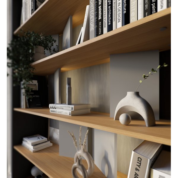 Bibliothèque rétroéclairée Dika - Graphite/chêne/gris mat Bibliothèque rétroéclairée Dika - Graphite/chêne/gris mat