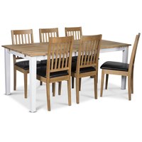 Österlen matgrupp, Klassiskt 180 cm matbord i vit/ek med 6 st Simris matstolar med svart PU Österlen matgrupp, Klassiskt 180 cm matbord i vit/ek med 6 st Simris matstolar med svart PU