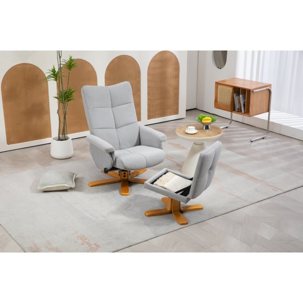 Fauteuil réglable Duva avec repose-pieds et rangement - Tissu gris et pieds en bois Fauteuil réglable Duva avec repose-pieds et rangement - Tissu gris et pieds en bois