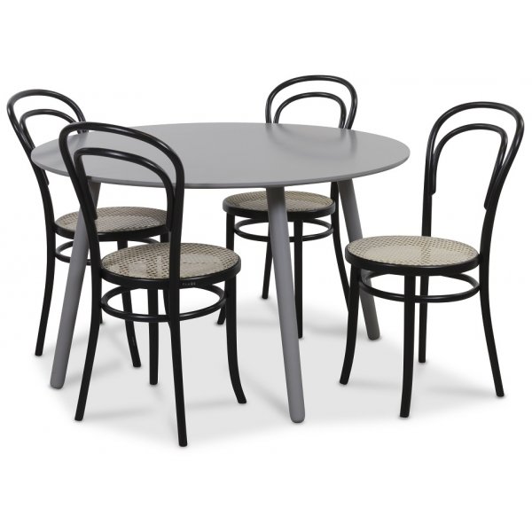 Rosvik eettafel grijze ronde tafel met 4 stoelen No14 met rotan - Grijs/Zwart