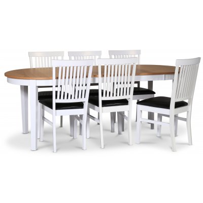 Fårö matgrupp; matbord 160/210x90 cm - Vit / oljad ek med 6 st Fårö stolar med sits i svart PU