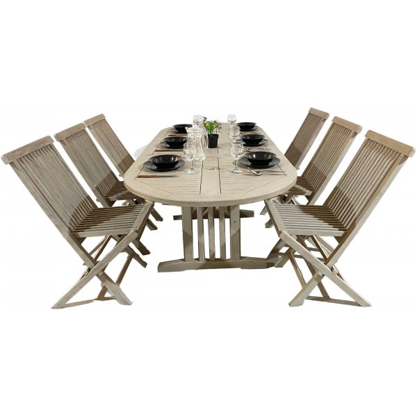 Salt utematgrupp ovalt 150-210 cm bord med 6 st matstolar - Gr teak + Textilskydd fr mbler