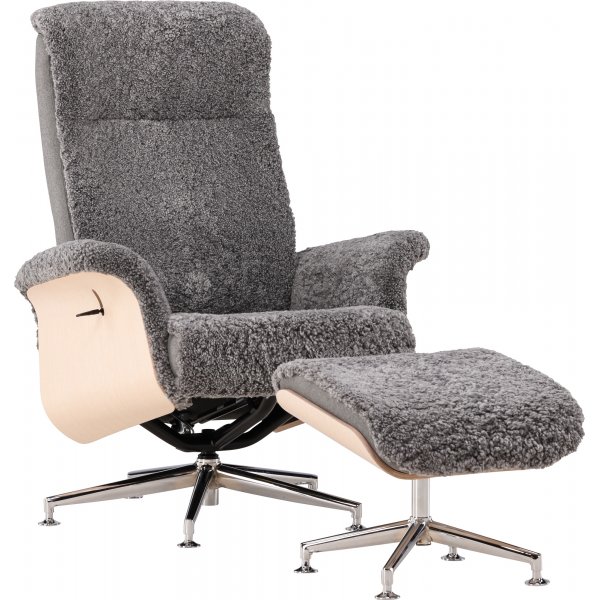 Ulla fauteuil met voetenbank in schapenvacht - Donkergrijs / eiken