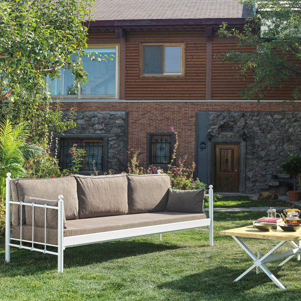 Canapé d'extérieur 3 places Lalas - Blanc/marron + Nettoyage textile pour meubles Canapé d'extérieur 3 places Lalas - Blanc/marron + Nettoyage textile pour meubles