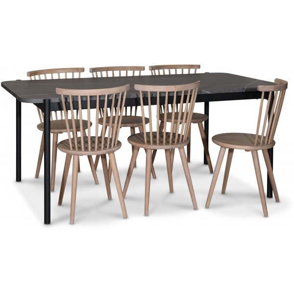 Groupe repas Wayne 180x90 cm incl. 6 Chaises patres Castor blanchies  la chaux - Revtement en marbre gris + Dtachant pour meubles