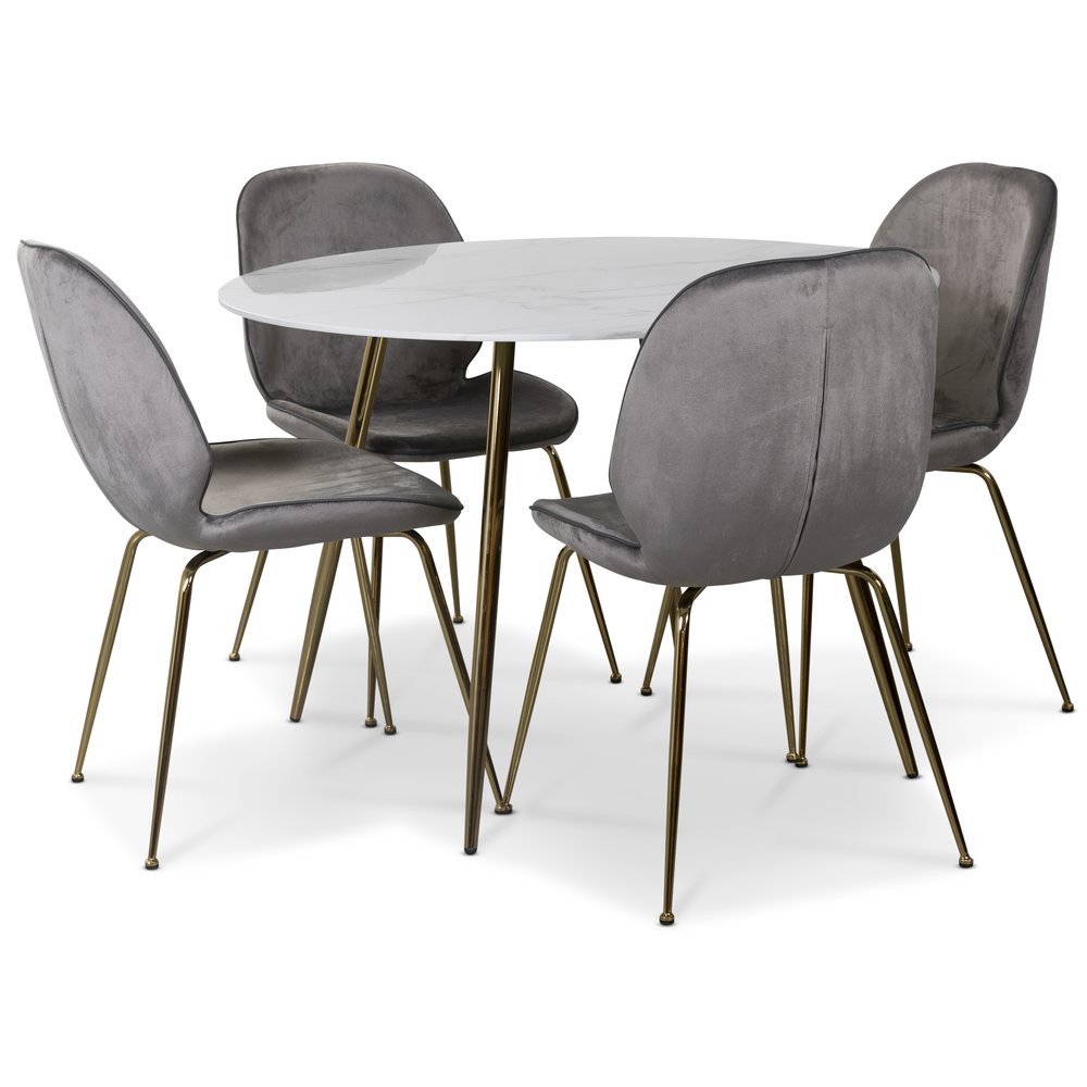 Art matgrupp: Runt bord marmorMässing + 4 st Deco stolar grå sammet mässing Art matgrupp: Runt bord marmorMässing + 4 st Deco stolar grå sammet mässing
