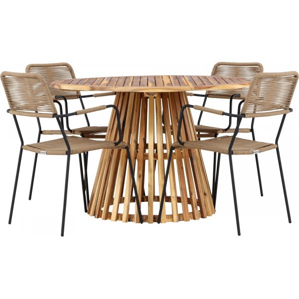 Lumpur rund matgrupp med 4 st Lindos stolar - Akacia/svart + 4.00 x Stolsdyna