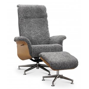 Reclinerfåtölj med fotpall i äkta fårskinn ek/grafitgrå - Ulla Reclinerfåtölj med fotpall i äkta fårskinn ek/grafitgrå - Ulla