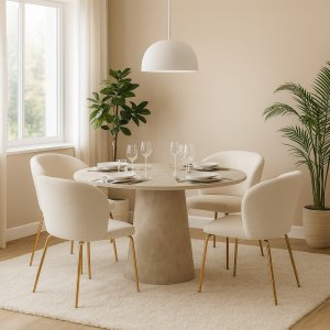 Matgrupp Lanzo Ø120 cm marmor beige med 4 st stolar i bouclé och mässingsben Matgrupp Lanzo Ø120 cm marmor beige med 4 st stolar i bouclé och mässingsben