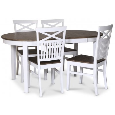 Skagen matgrupp; matbord 160/210x90 cm - Vit / brunoljad ek med 4 st Skagen stolar med kryss, brun/Vit