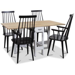 Table  manger Signum Slag blanc/chne avec 4 chaises en rotin Dalsland noir avec accoudoirs