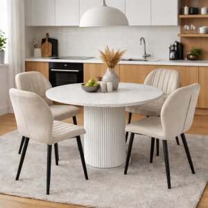 Matgrupp Sand� matbord �120cm i vit terazzo med 4st Santos matstol i beige velvet