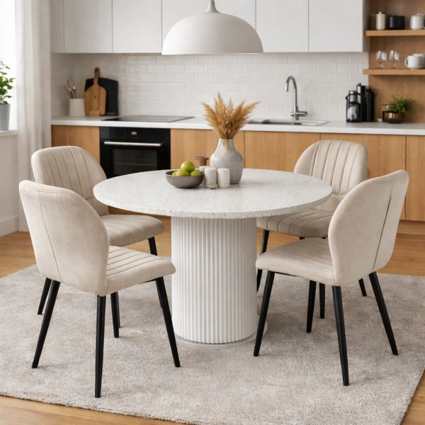 Matgrupp Sand� matbord �120cm i vit terazzo med 4st Santos matstol i beige velvet