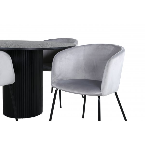 Bianca Matgrupp runt svart matbord med 4 st Berit grå stolar Bianca Matgrupp runt svart matbord med 4 st Berit grå stolar