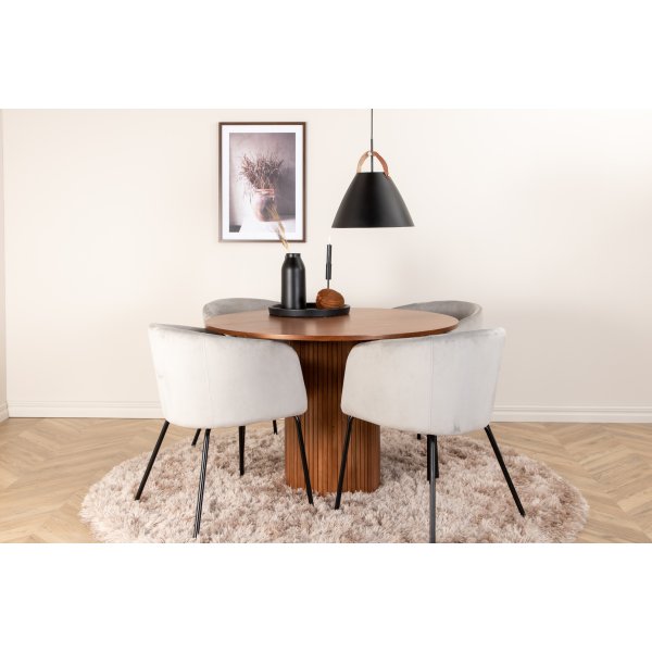 Bianca Matgrupp runt valnöt matbord med 4 st Berit grå stolar Bianca Matgrupp runt valnöt matbord med 4 st Berit grå stolar