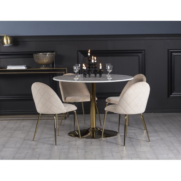 Plaza matgrupp, marmorbord med 4 st Plaza sammetsstolar - Beige/Vit/Mssing