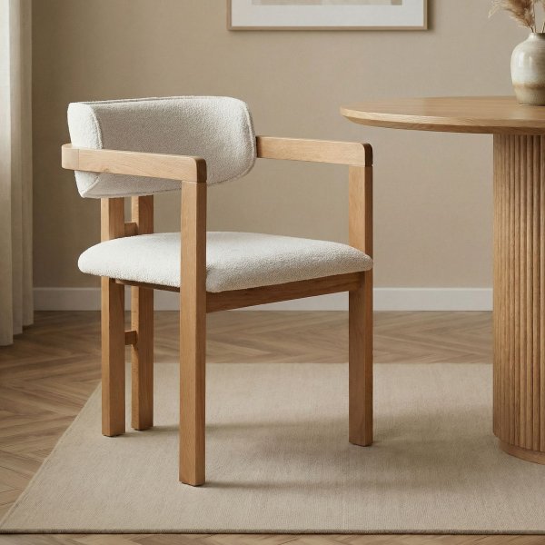 Karmstol Torpin i vit chenille och ek