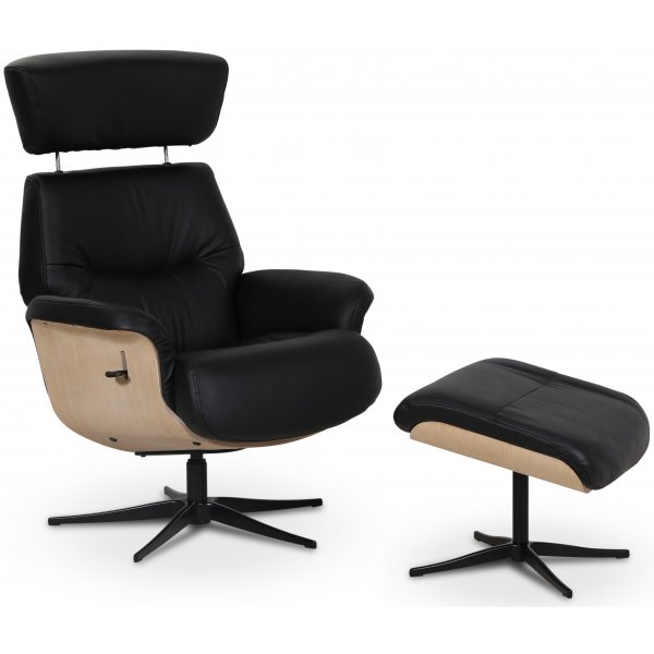 Marbäck reclinerfåtölj med fotpall - Svart läder / Trä Marbäck reclinerfåtölj med fotpall - Svart läder / Trä