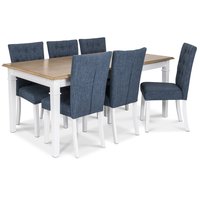 Ramnäs matgrupp - Bord inklusive 6 st Crocket stolar med blå klädsel - Vit/ekbets Ramnäs matgrupp - Bord inklusive 6 st Crocket stolar med blå klädsel - Vit/ekbets