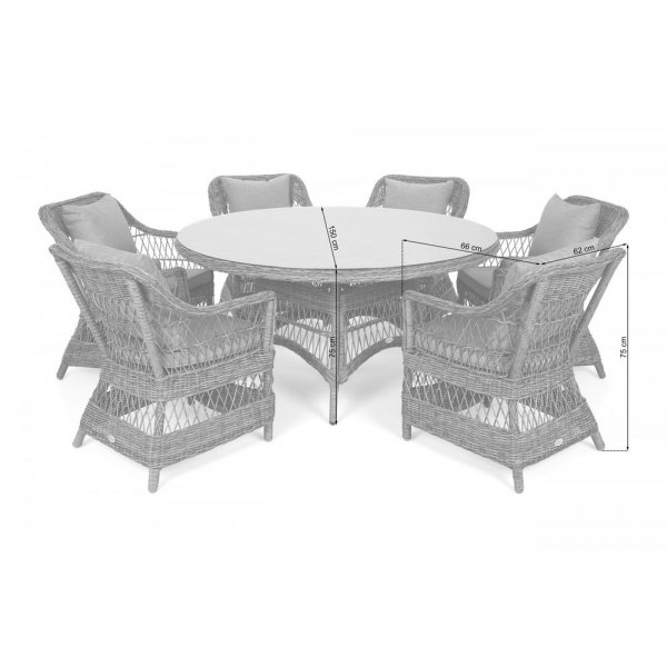 Sycylia Matgrupp med runt matbord 150 cm + 6 stolar - Vintage