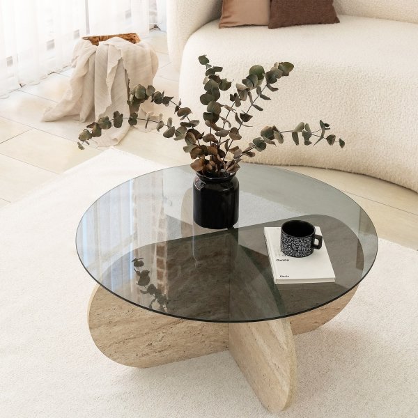 Table basse Bubble Ø75 cm - Travertin/verre fumé Table basse Bubble Ø75 cm - Travertin/verre fumé