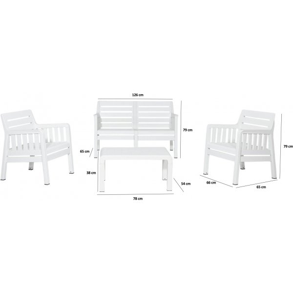 Groupe salon Lara avec canapé 2 places, 2 fauteuils et table sans coussins - Blanc Groupe salon Lara avec canapé 2 places, 2 fauteuils et table sans coussins - Blanc