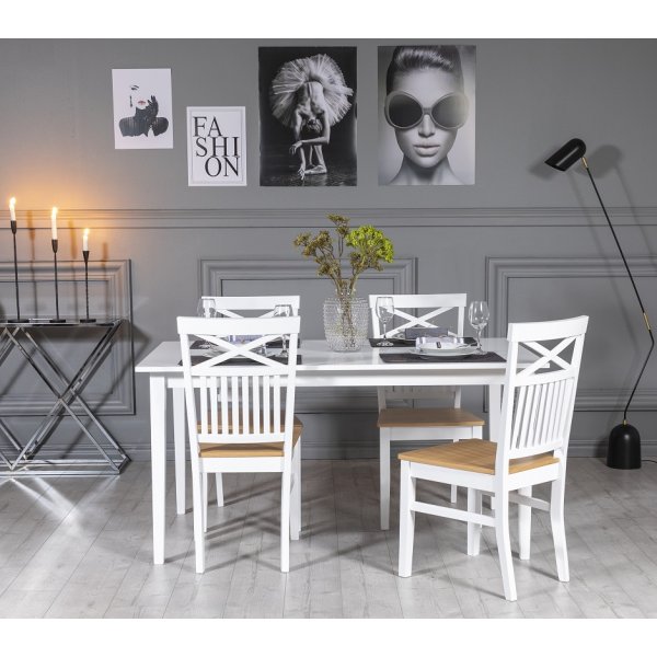 Gs matgrupp: Bord 150 cm inklusive 4 Fr stolar med kryss - Ek/vit