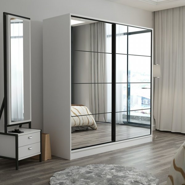 Armoire Kapusta avec portes miroir, 220x52x210 cm - Blanc