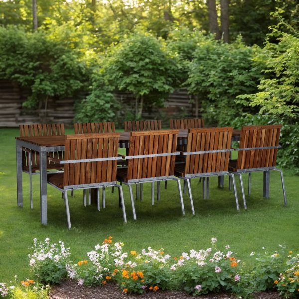 Alva utematgrupp med 8 stolar + bord 250x90 cm - Teak / Galvaniserat stål Alva utematgrupp med 8 stolar + bord 250x90 cm - Teak / Galvaniserat stål