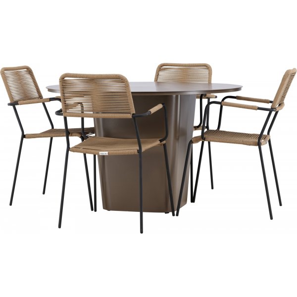 Santa Fe rund matgrupp med 4 st Lindos stolar - Brun/svart + 3.00 x Mbeltassar