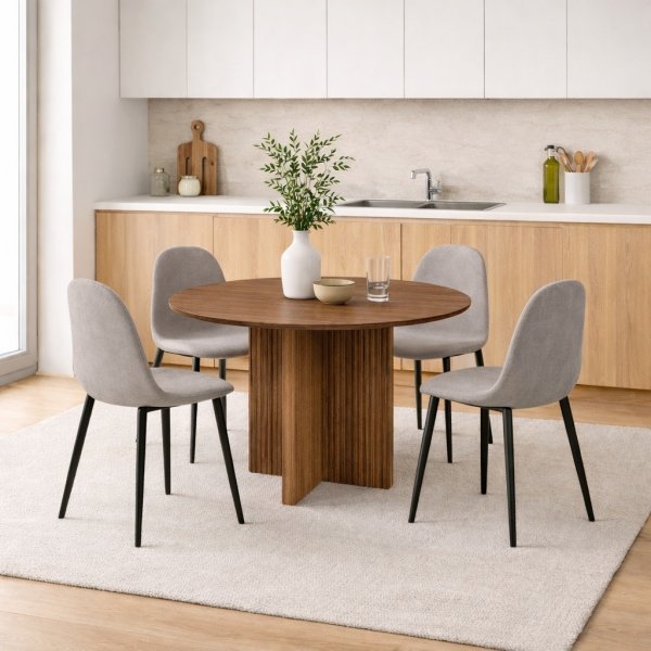 Matgrupp Crossby bord Ø120cm i valnöt med 4st Carisma matstol i ljusgrå sammet Matgrupp Crossby bord Ø120cm i valnöt med 4st Carisma matstol i ljusgrå sammet