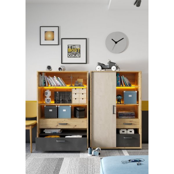 Qubic boekenkast - Ambachtelijk eiken/grijs/zwart Qubic boekenkast - Ambachtelijk eiken/grijs/zwart