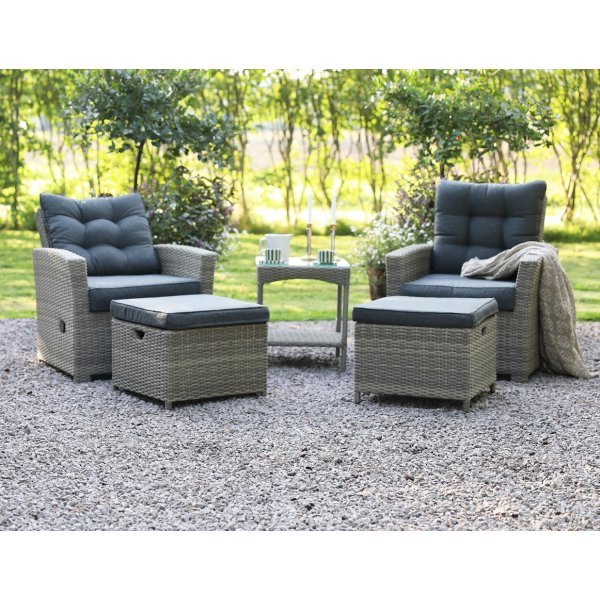 Orlando loungeset, ställbara fåtöljer med fotpallar & sidobord i rotting + Möbeltassar Orlando loungeset, ställbara fåtöljer med fotpallar & sidobord i rotting + Möbeltassar