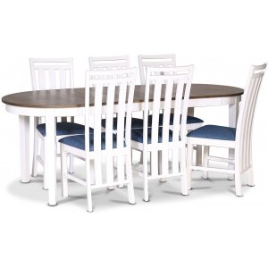 Groupe repas Skagen 160/210 x 90 cm incl. 6 Chaises de salle  manger bleues Skagen - Blanc / Chne huil marron