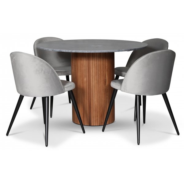 Decibel matgrupp; runt matbord inkl 4 st Zeus stolar grå sammet Decibel matgrupp; runt matbord inkl 4 st Zeus stolar grå sammet
