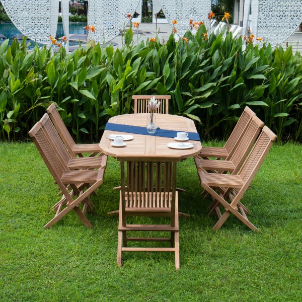 Teakgrupp; matbord med tta stolar - Salt